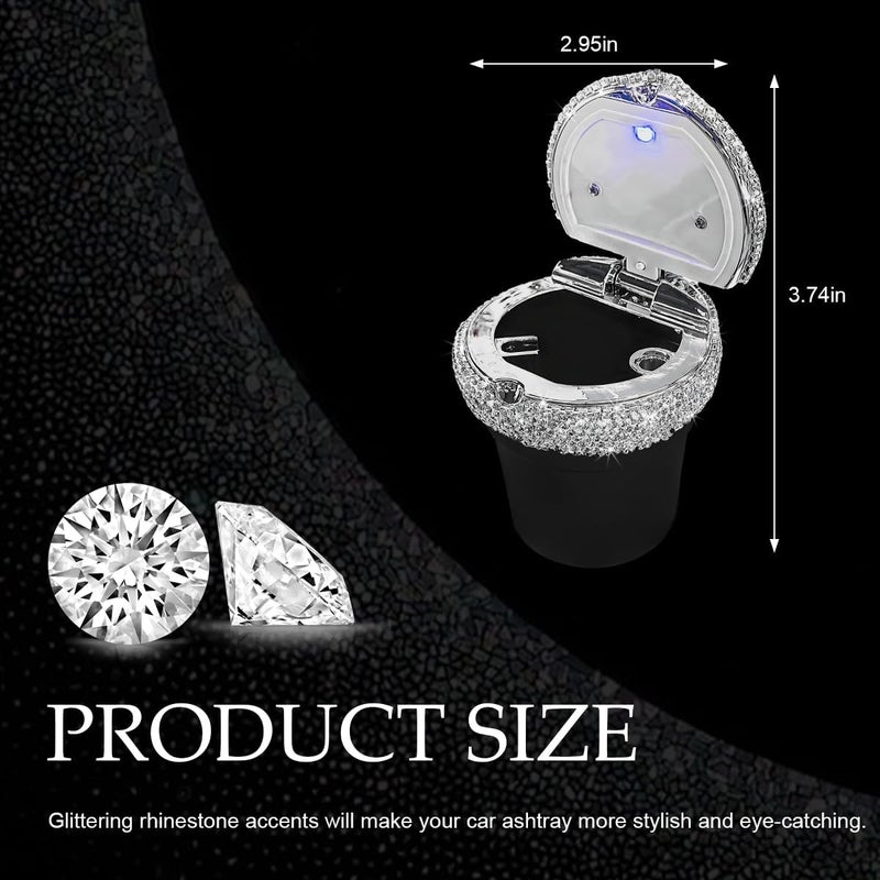 MUQIDA Car Ashtray with Lid, Bling Portable Ash Tray Cup Holder with LED Light Indicator, Sparkle Cigarette Smokeless Cylinder Ash Holder for Vehicle Home Office, Car Accessories (Black) - Image 2